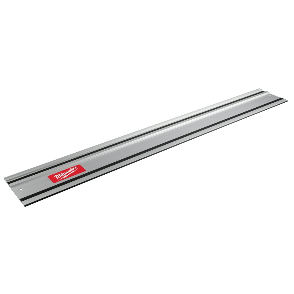 Gray aluminum guide rail with black slot and red Milwaukee logo label on left end.
