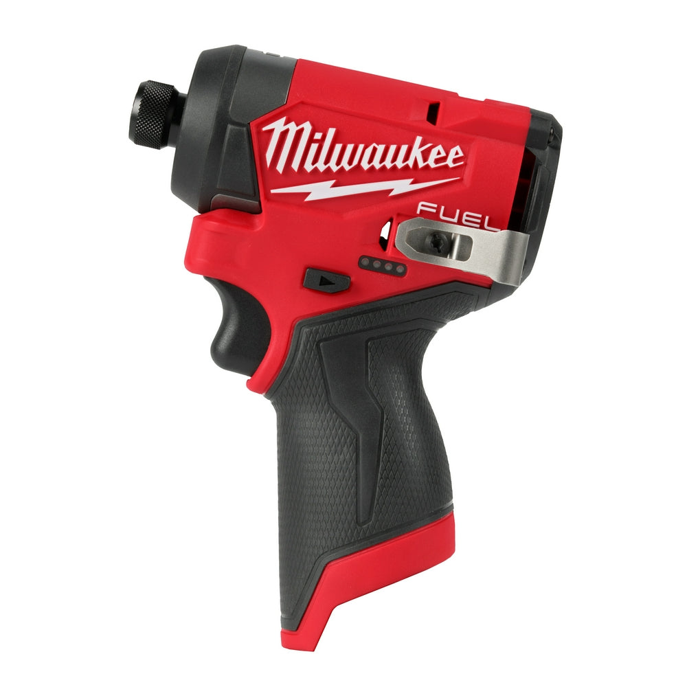 Milwaukee M12 FUEL 1/4" hex impact driver with red and black housing, shown from side angle.