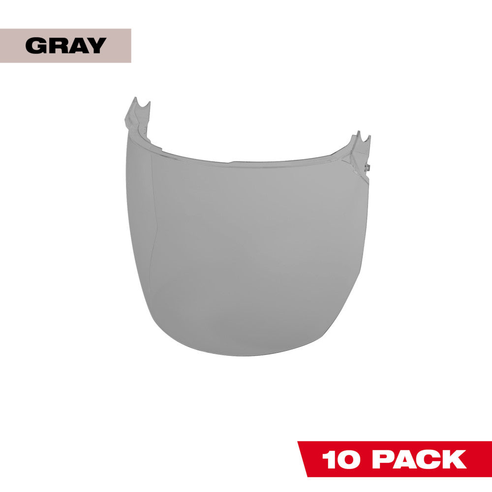 Gray curved face shield lens with mounting tabs at top edges for helmet or hard hat attachment.