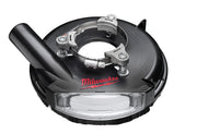 Black dust shroud for 7-inch grinder with metal clamp brackets, collection tube, and clear debris catch basin.