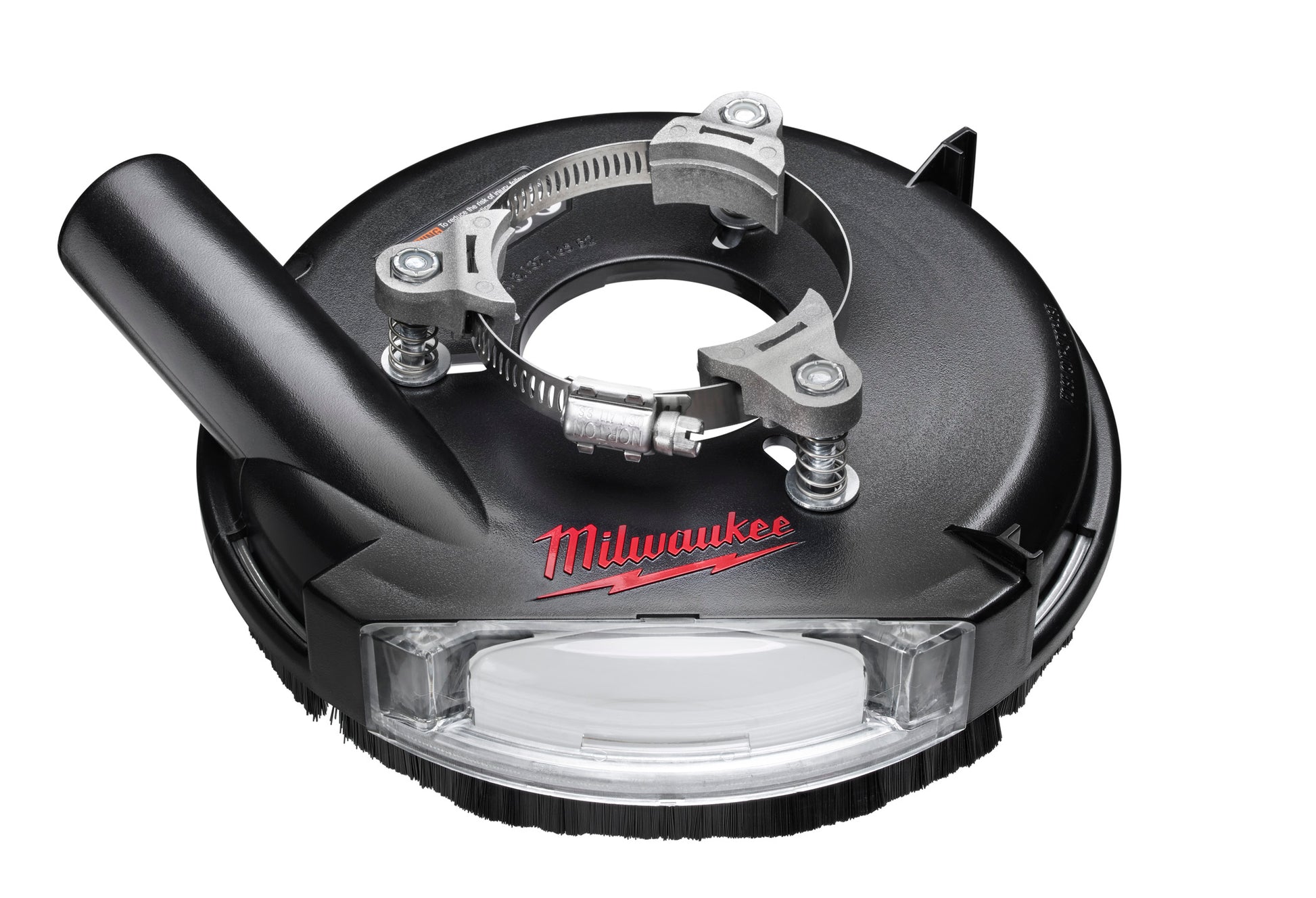 Black dust shroud for 7-inch grinder with metal clamp brackets, collection tube, and clear debris catch basin.