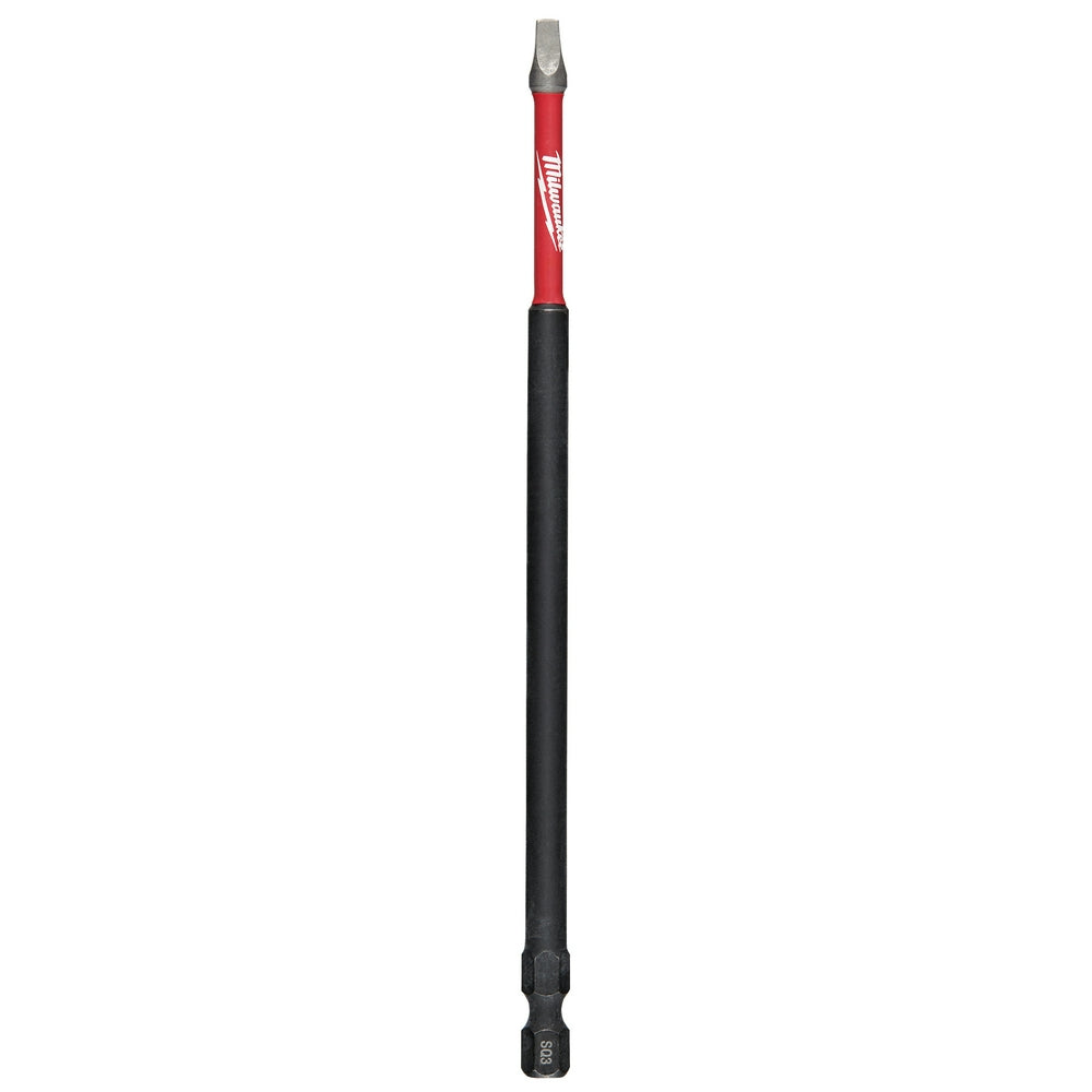 Milwaukee red and black Shockwave 6-inch impact power bit with square recess #3 head.