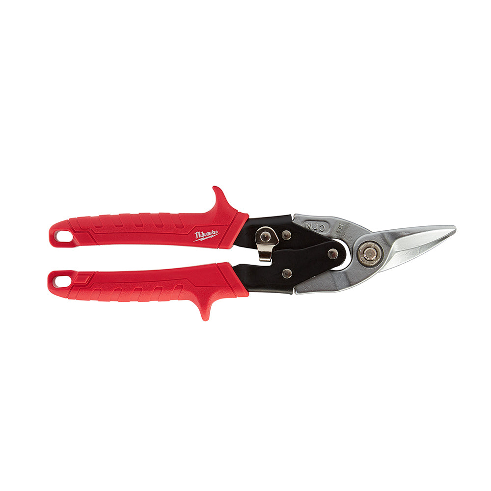 Red-handled aviation snips with black metal cutting head and curved blade for left-handed cutting.