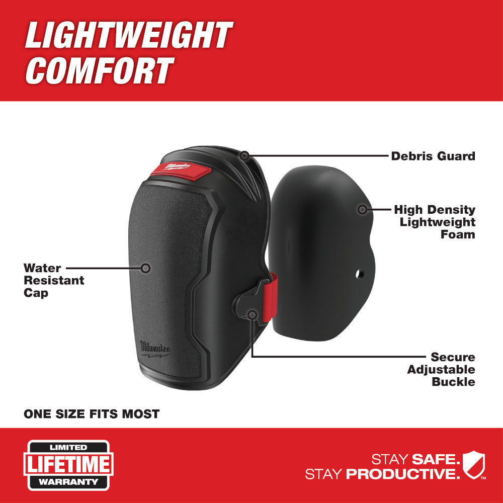 Black and red knee pads with foam cushioning, debris guard, water-resistant cap, and adjustable buckle straps.