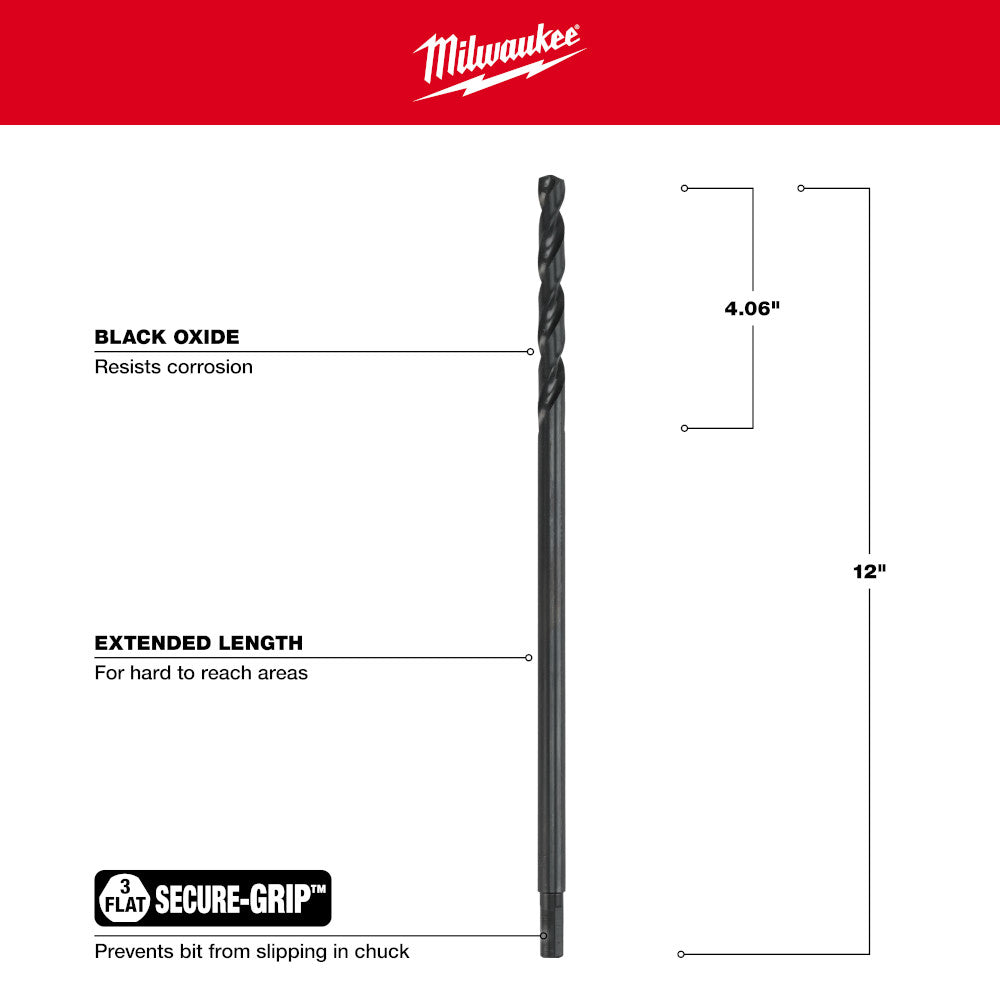 Black oxide aircraft length drill bit, 7/16 inch diameter, 12 inches long with extended shaft and secure-grip design.