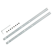 Two metal guide rails with mounting holes, hex wrench, and eight black fasteners included.