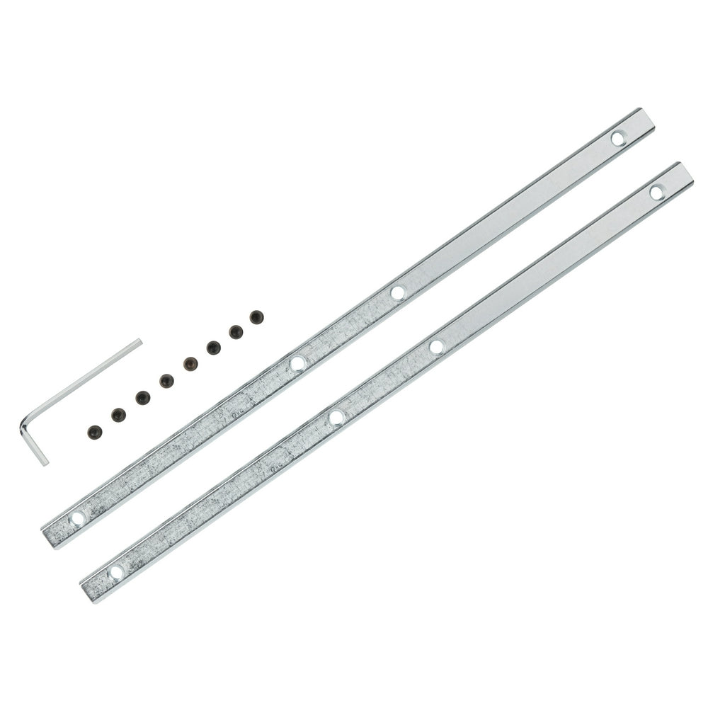 Two metal guide rails with mounting holes, hex wrench, and eight black fasteners included.