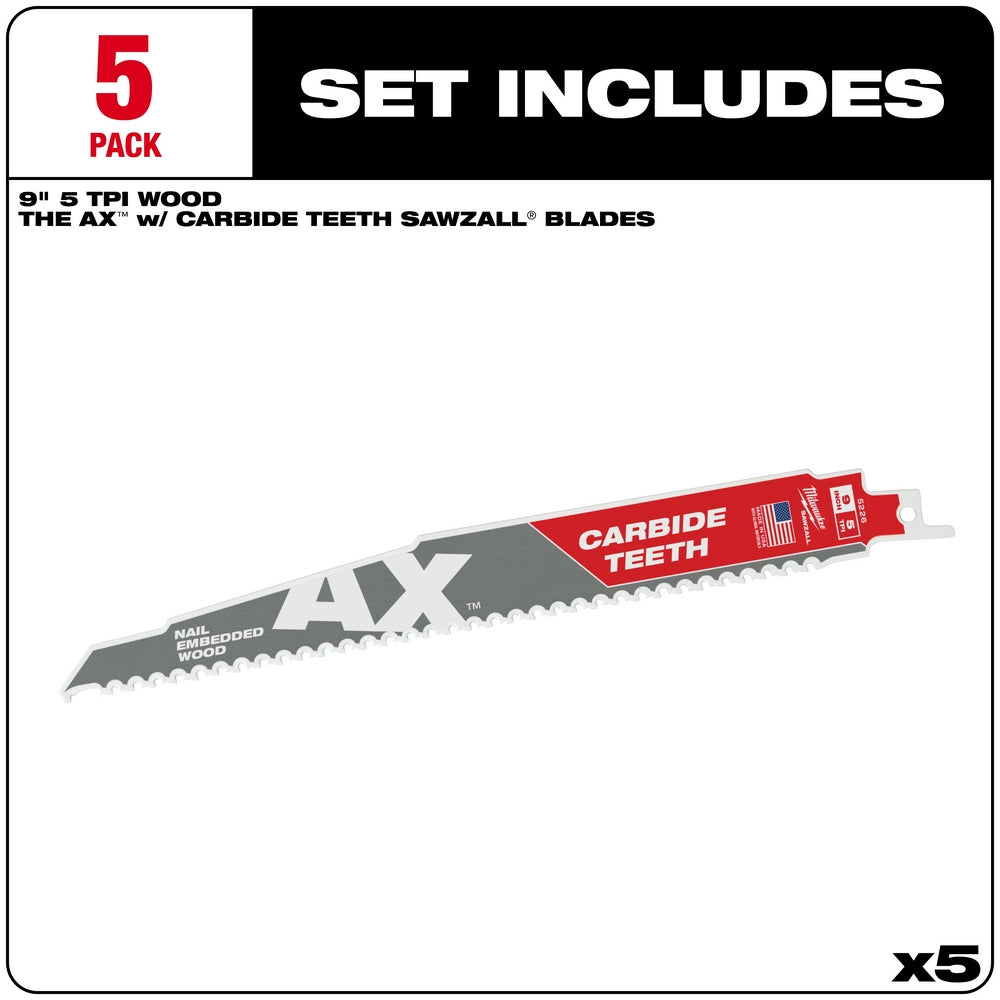 Five 9-inch SAWZALL blades with carbide teeth and red shanks for cutting wood and nails.