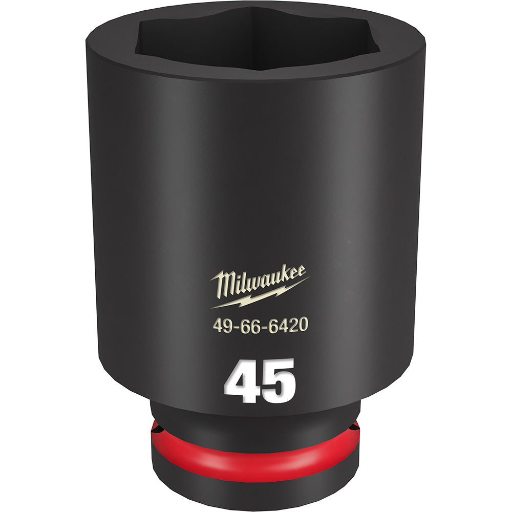 Black Milwaukee 3/4" drive deep socket with 45mm size marking and red grip band on base.