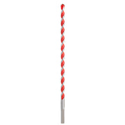 Red and silver carbide hammer drill bit with spiral flutes and cylindrical shank.