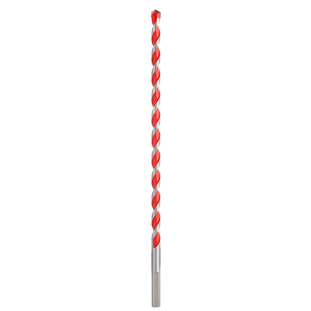 Red and silver carbide hammer drill bit with spiral flutes and cylindrical shank.