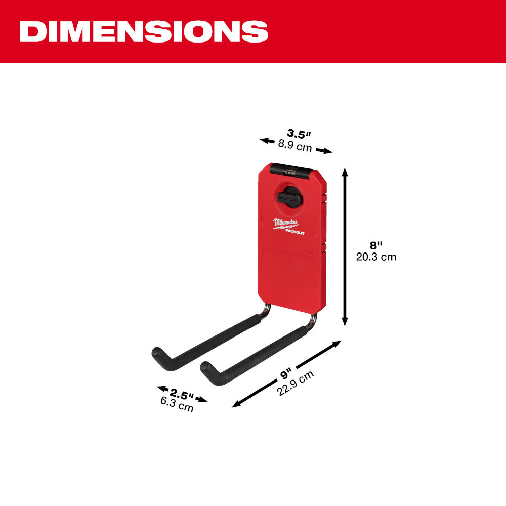 Red Milwaukee PACKOUT storage unit with two black straight hooks extending downward, dimensions labeled.