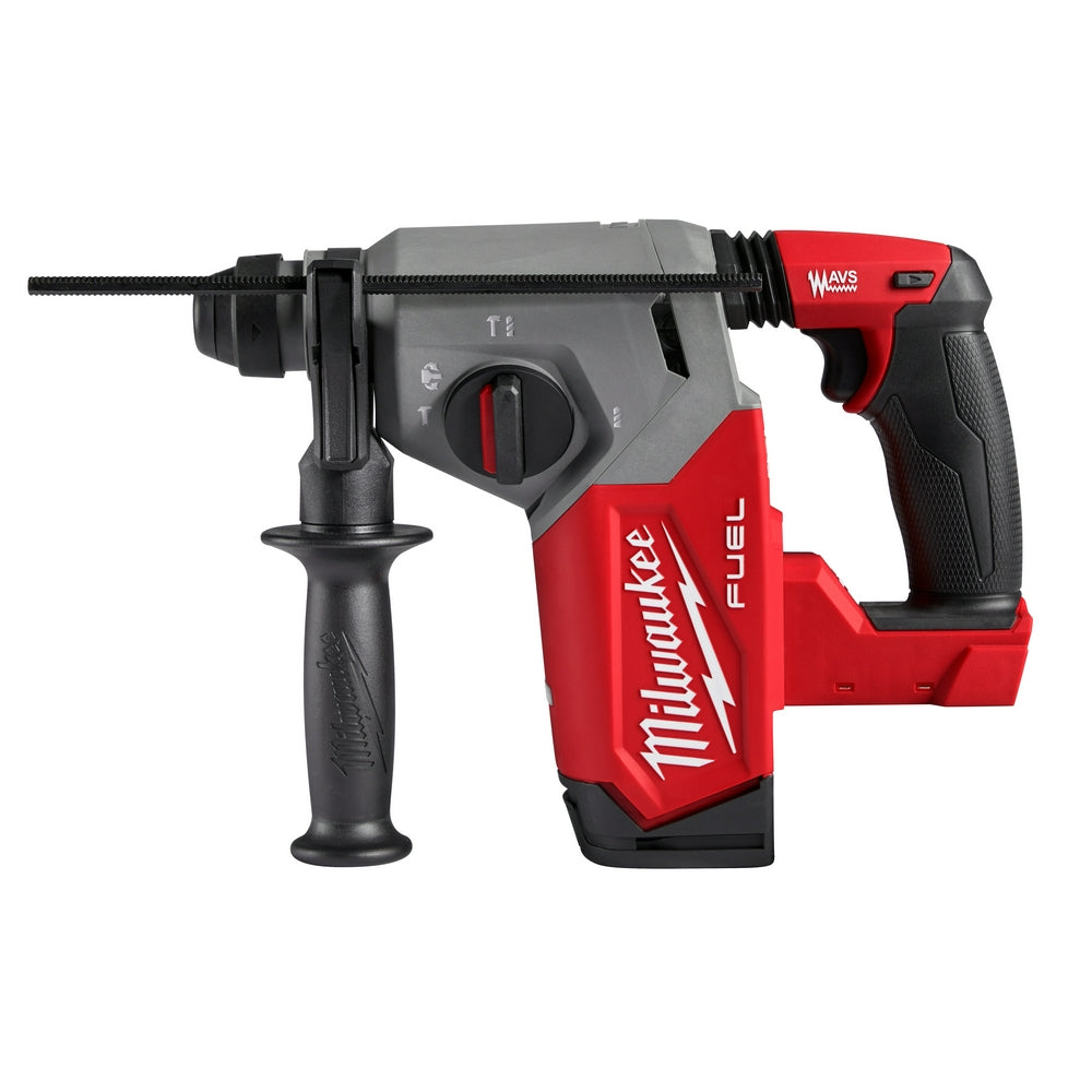 Red and black Milwaukee M18 FUEL rotary hammer with SDS Plus chuck and pistol grip handle on white background.