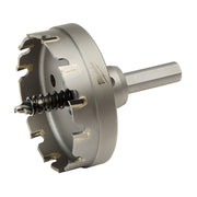 Silver metal carbide hole cutter with cylindrical shaft and toothed cutting head with gold-colored carbide tips.