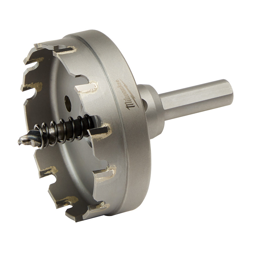 Silver metal carbide hole cutter with cylindrical shaft and toothed cutting head with gold-colored carbide tips.