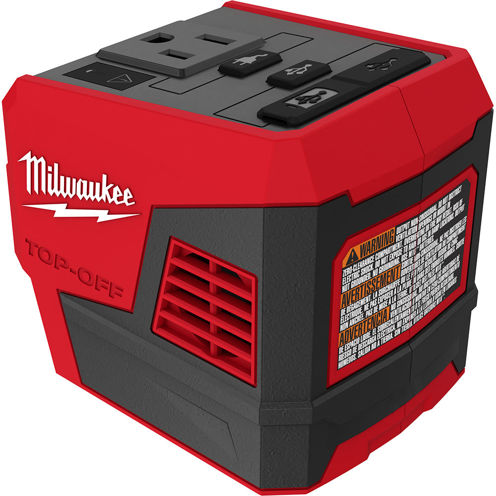 Red and black Milwaukee M18 TOP-OFF power supply unit with control buttons and ventilation grilles on top.