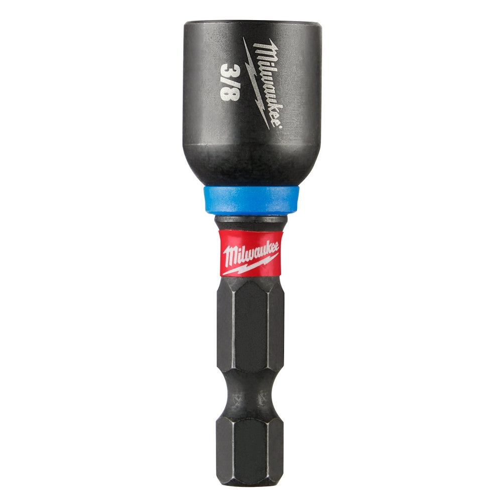 Milwaukee Shockwave 3/8" magnetic nut driver with black socket, blue collar, red band, and hexagonal bit shaft.