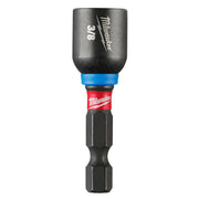 Milwaukee Shockwave 3/8" magnetic nut driver with black socket, blue collar, red band, and hexagonal bit shaft.