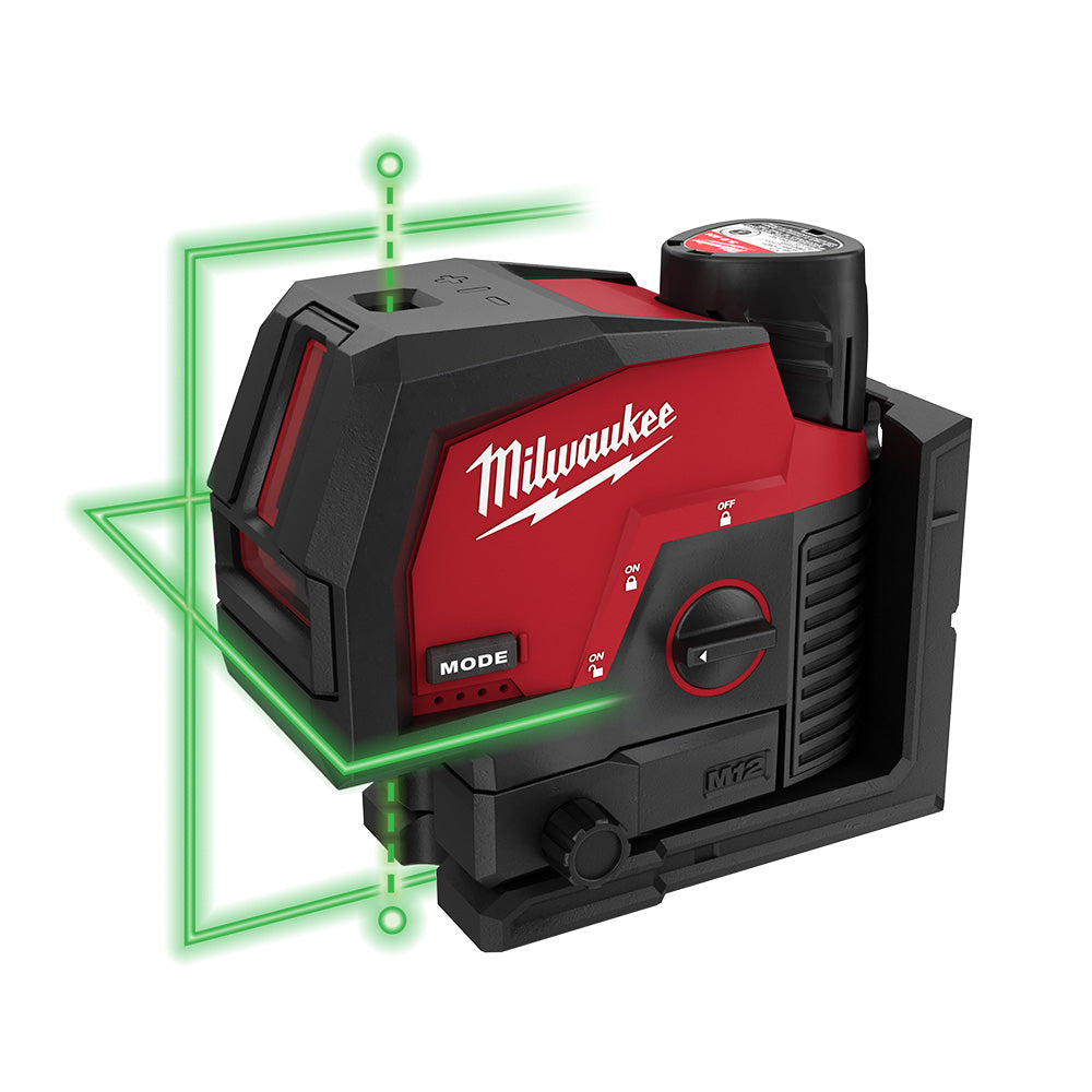 Red and black Milwaukee laser level projecting green cross lines and plumb points on wall.