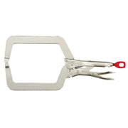 Metal locking clamp with deep jaws, red handle, and trigger-style release mechanism.