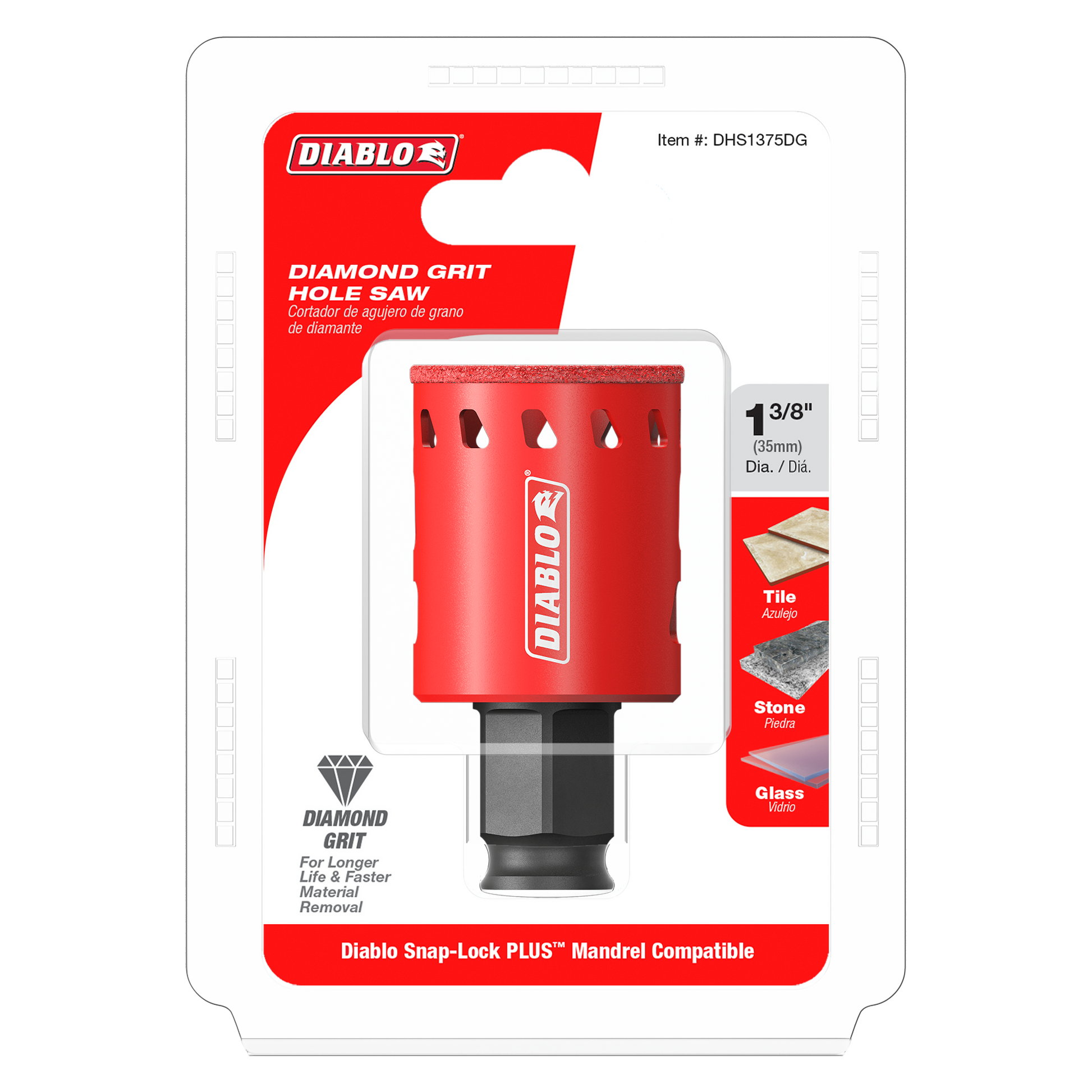 Red diamond grit hole saw with black shank, 1-3/8 inch diameter, shown in retail packaging with tile, stone, and glass applic