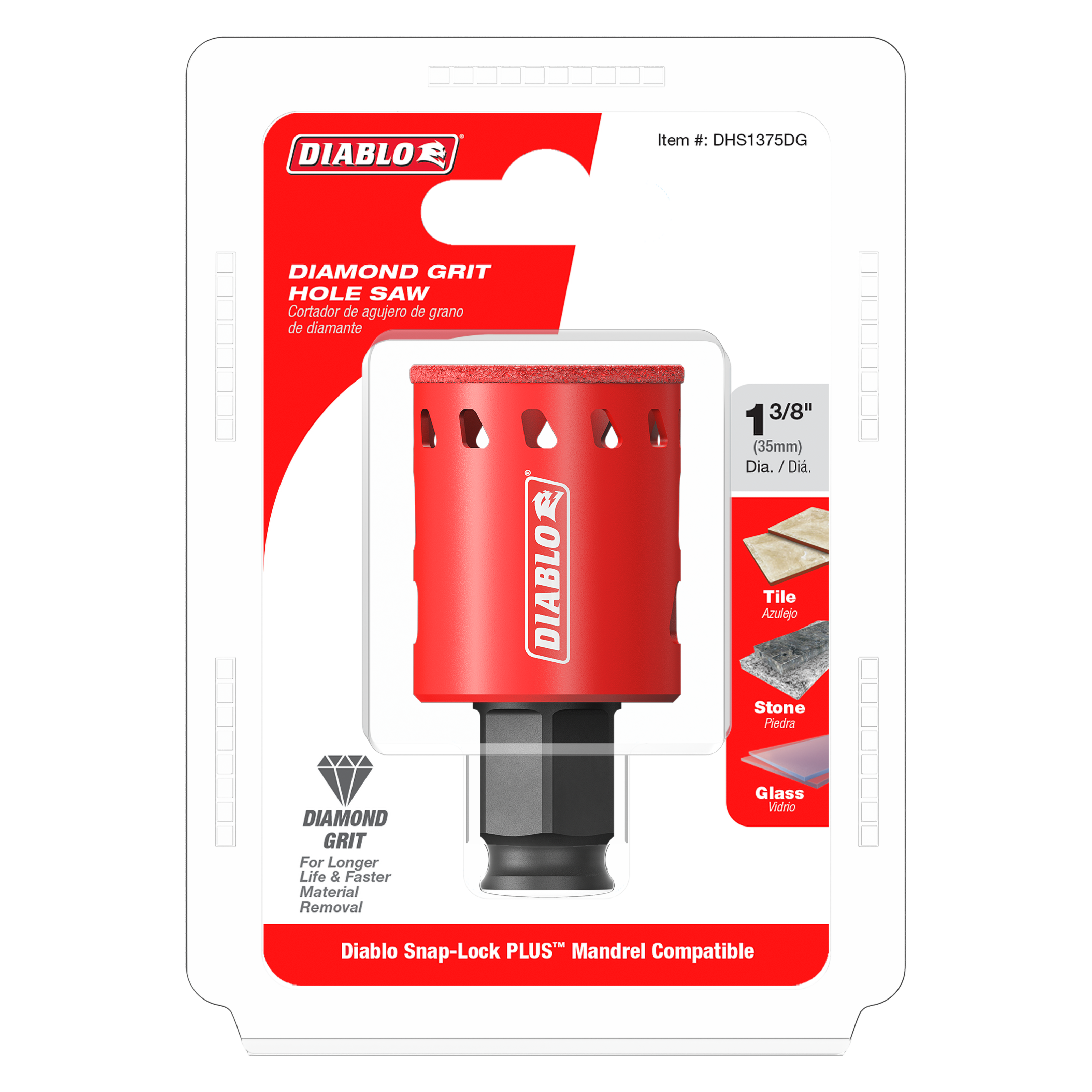 Red diamond grit hole saw with black shank, 1-3/8 inch diameter, shown in retail packaging with tile, stone, and glass applic
