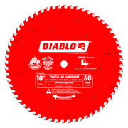 Red circular saw blade with 60 white teeth around the edge, white center hole, and Diablo branding and specifications printed
