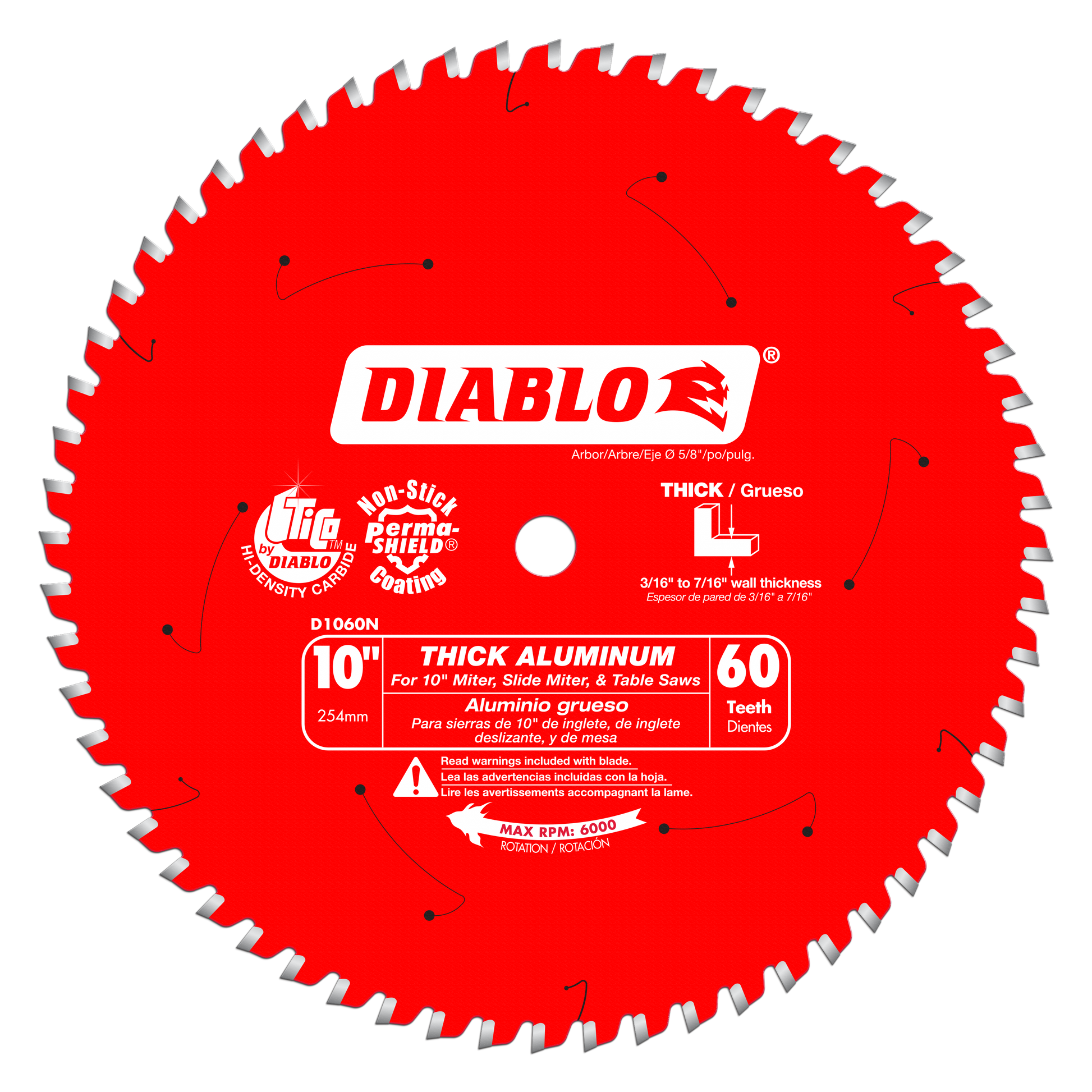 Red circular saw blade with 60 white teeth around the edge, white center hole, and Diablo branding and specifications printed