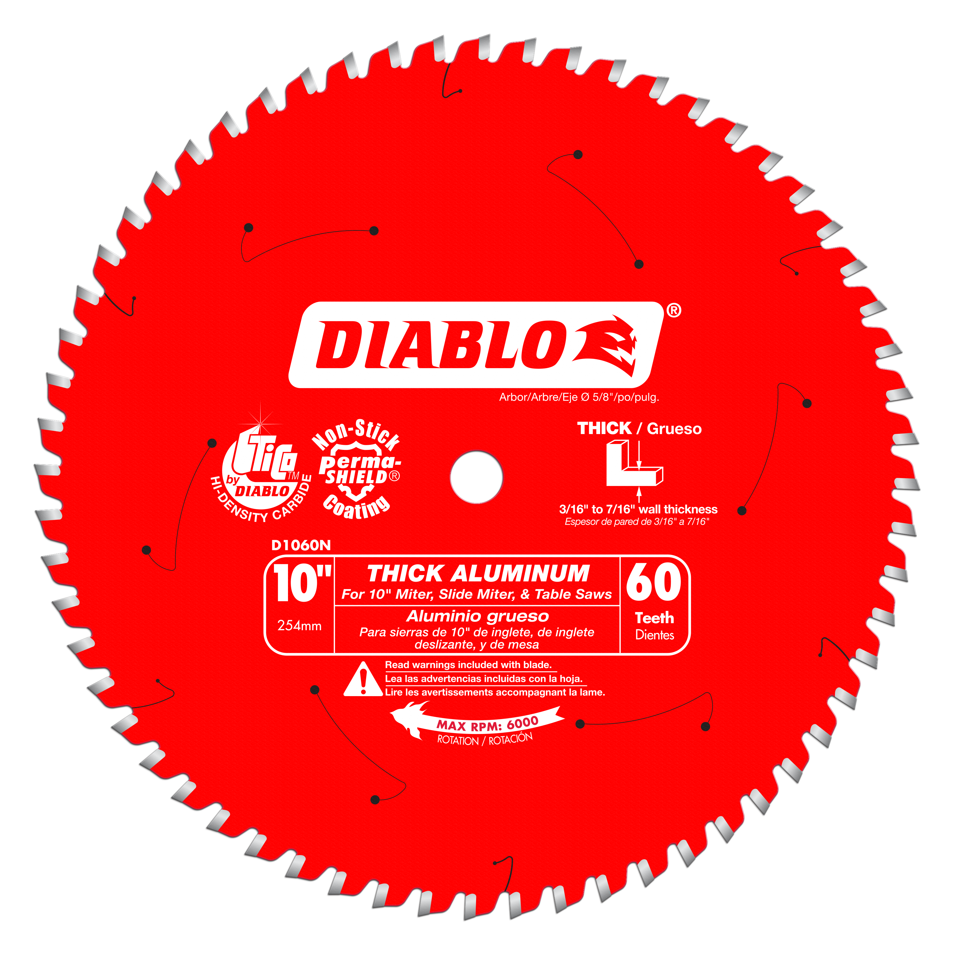 Red circular saw blade with 60 white teeth around the edge, white center hole, and Diablo branding and specifications printed