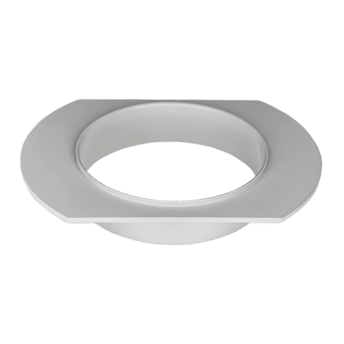 Gray and white linear drain component with oval opening and rounded edges, viewed from above at an angle.