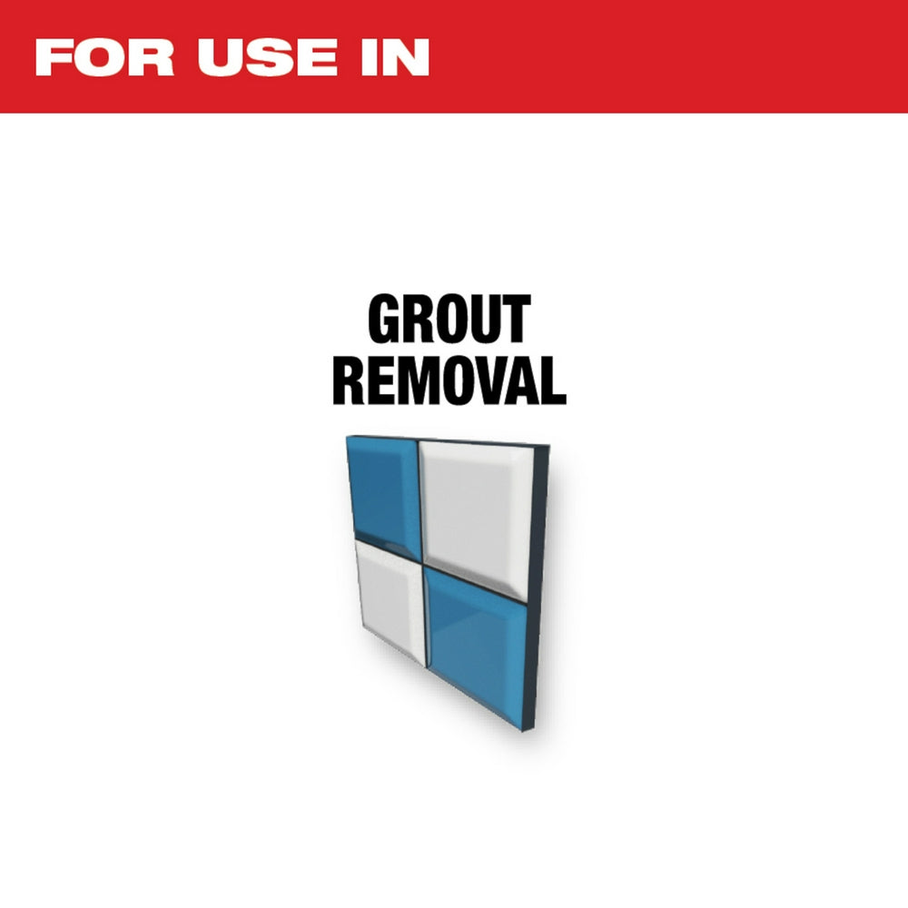 Tile grid with blue and white squares separated by black grout lines demonstrating grout removal application.