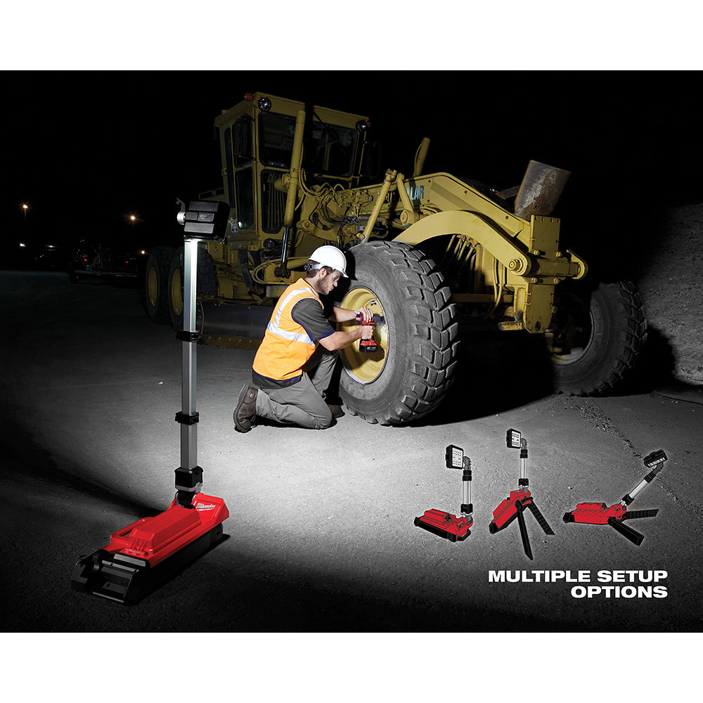 M18 ROCKET dual tower lights in different configurations illuminating a construction site at night.