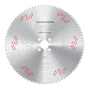Freud LU5C14 350mm circular saw blade with multiple teeth around perimeter, central arbor hole, and red wavy cutting pattern 