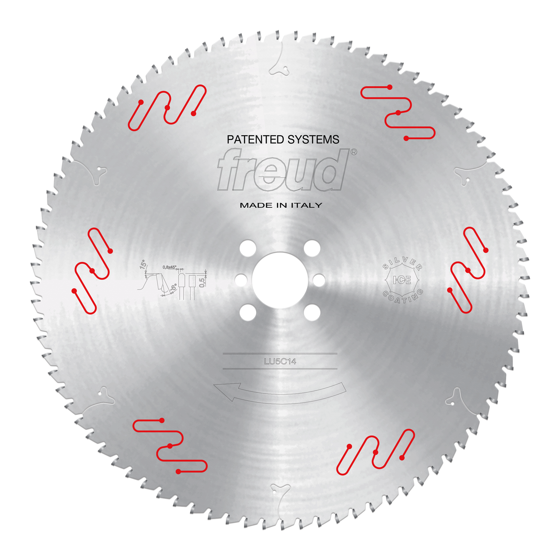 Freud LU5C14 350mm circular saw blade with multiple teeth around perimeter, central arbor hole, and red wavy cutting pattern 