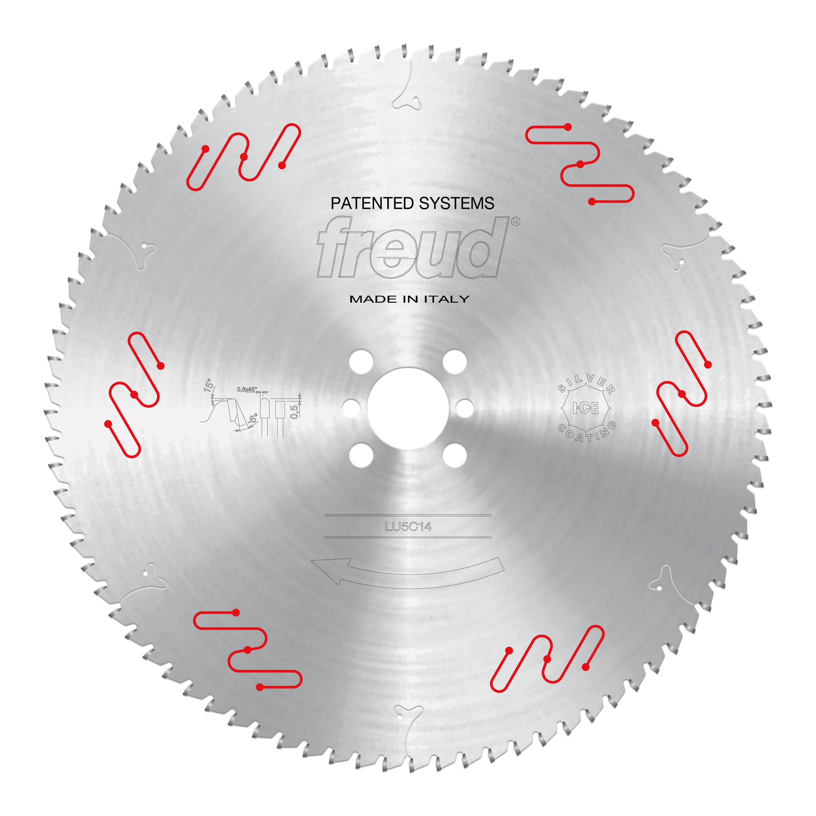 Freud LU5C14 350mm circular saw blade with multiple teeth around perimeter, central arbor hole, and red wavy cutting pattern 