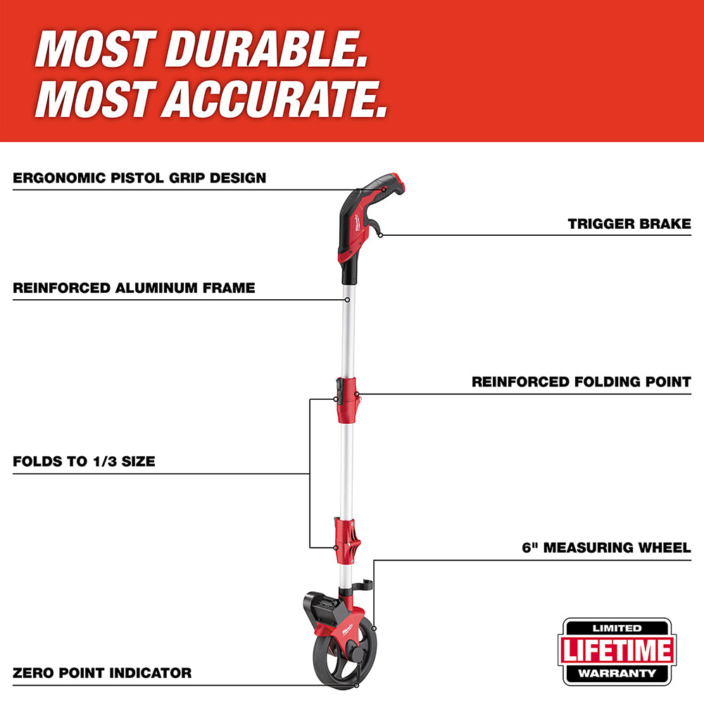 Milwaukee measuring wheel with red and black ergonomic grip, aluminum frame, and 6-inch wheel displayed against red backgroun