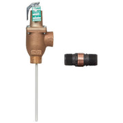 Bronze temperature and pressure relief valve with 2-inch thermostat, discharge line flood sensor, and threaded connector.