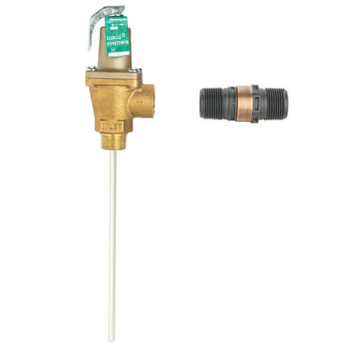 Bronze 3/4" automatic reseating temperature and pressure relief valve with green label cap, discharge line flood sensor, and 