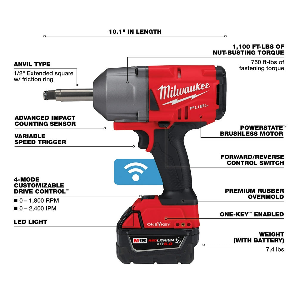 Red and black Milwaukee M18 FUEL impact wrench with extended square anvil, variable speed trigger, and ONE-KEY enabled batter