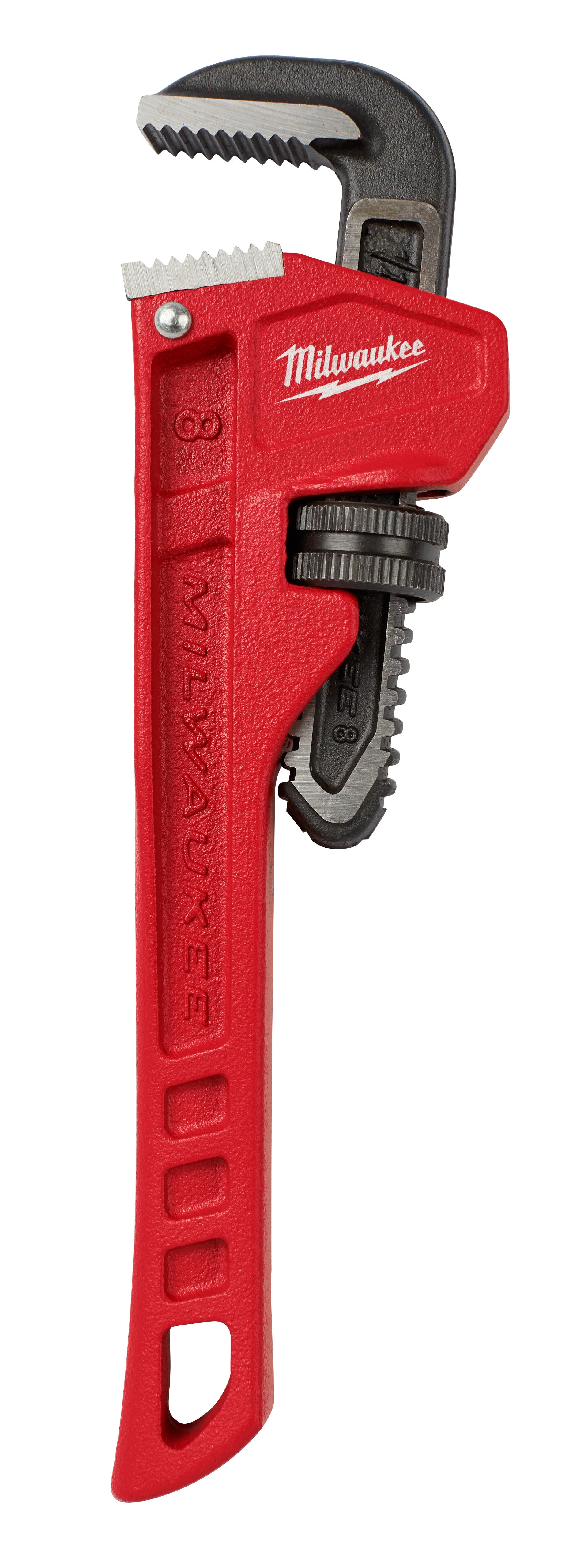 Milwaukee 8 inch steel pipe wrench with red handle and black metal head, jaw open.