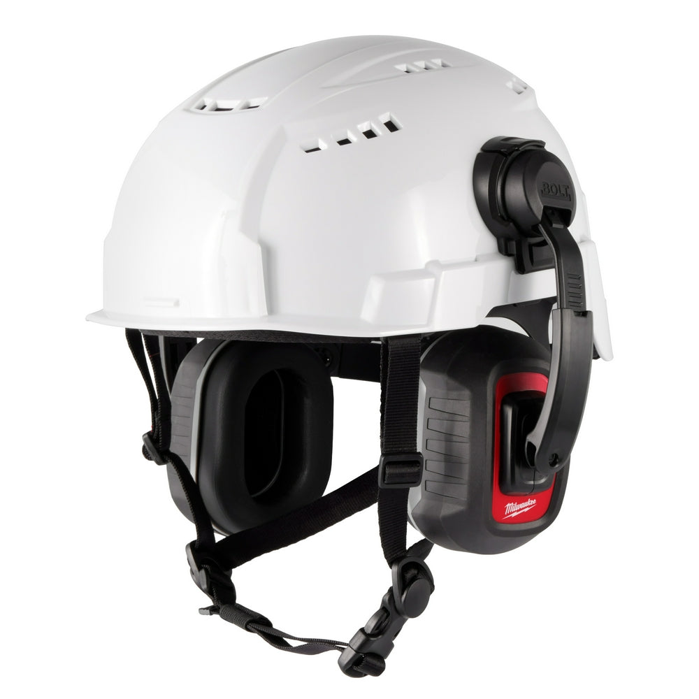 Black and red earmuffs with chin strap mounted on white hard hat.