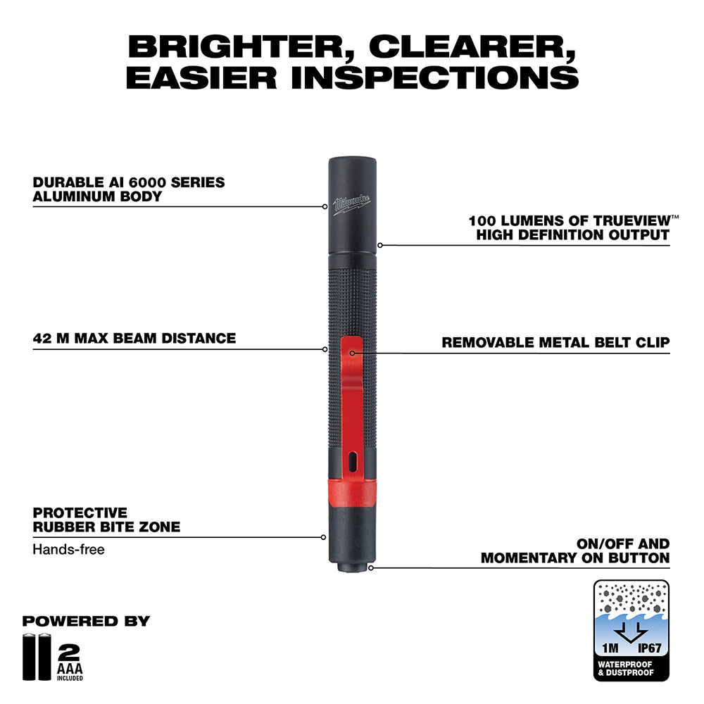 Black and red aluminum pen light with metal belt clip, textured grip section, and red momentary power button.
