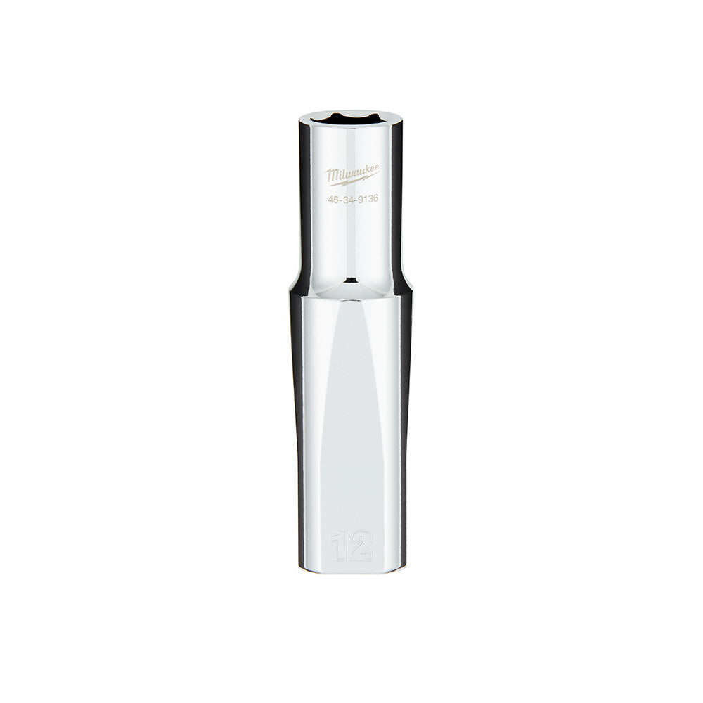 Milwaukee 12MM metric deep socket with six-point opening and four flat sides on polished metal body.