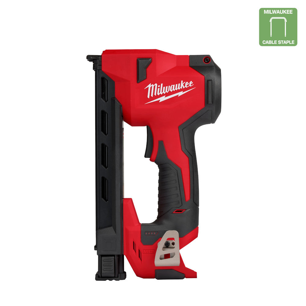 Red and black Milwaukee M12 cable stapler with ergonomic grip and narrow staple channel on front.