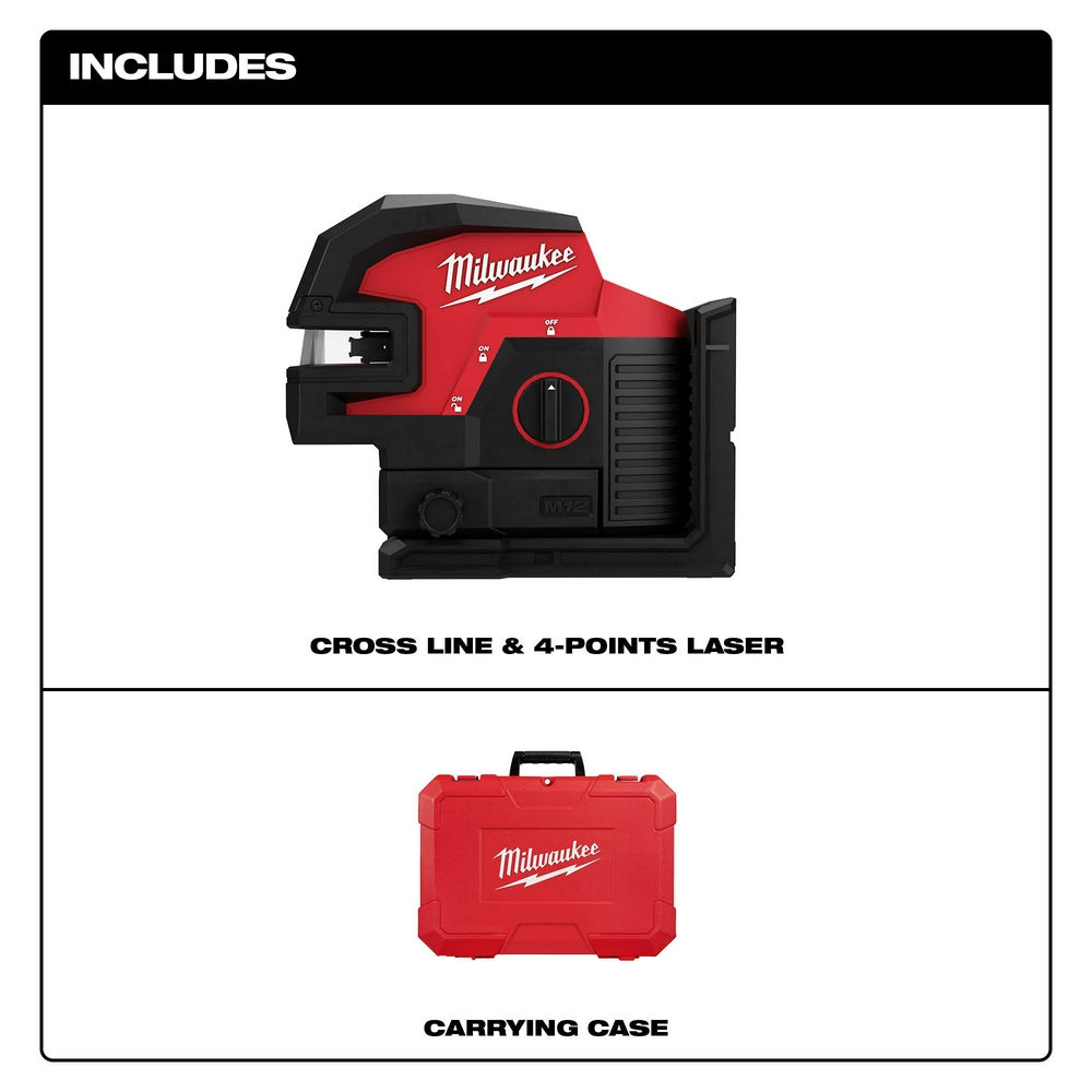 Milwaukee M12 red and black cross line laser with 4-point capability and red carrying case.