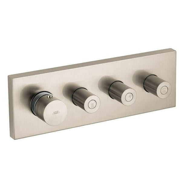 Brushed nickel thermostatic shower trim with four control knobs mounted on a rectangular plate.