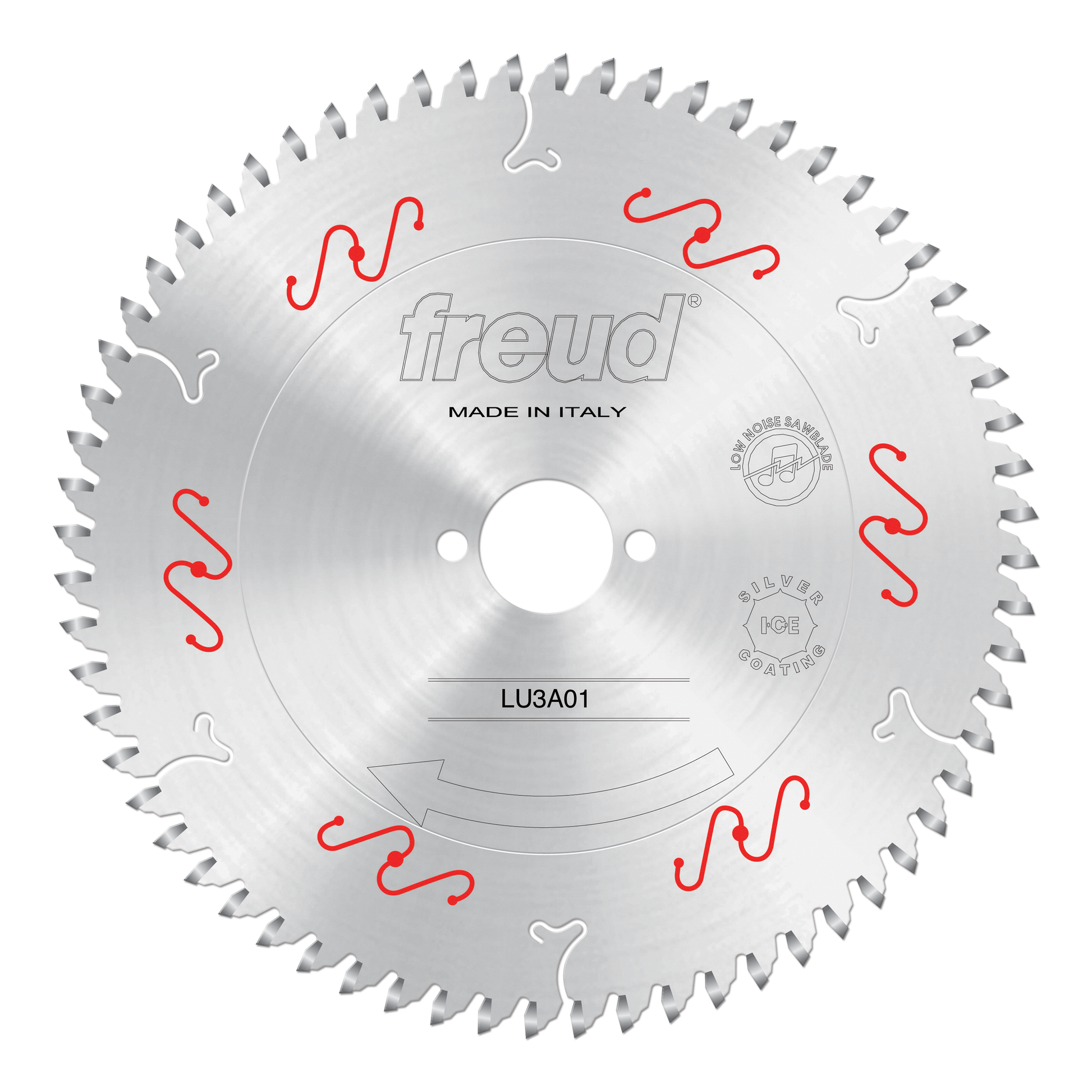 Freud LU3A01 220mm circular saw blade with carbide teeth, center bore, and red wave markings, made in Italy.