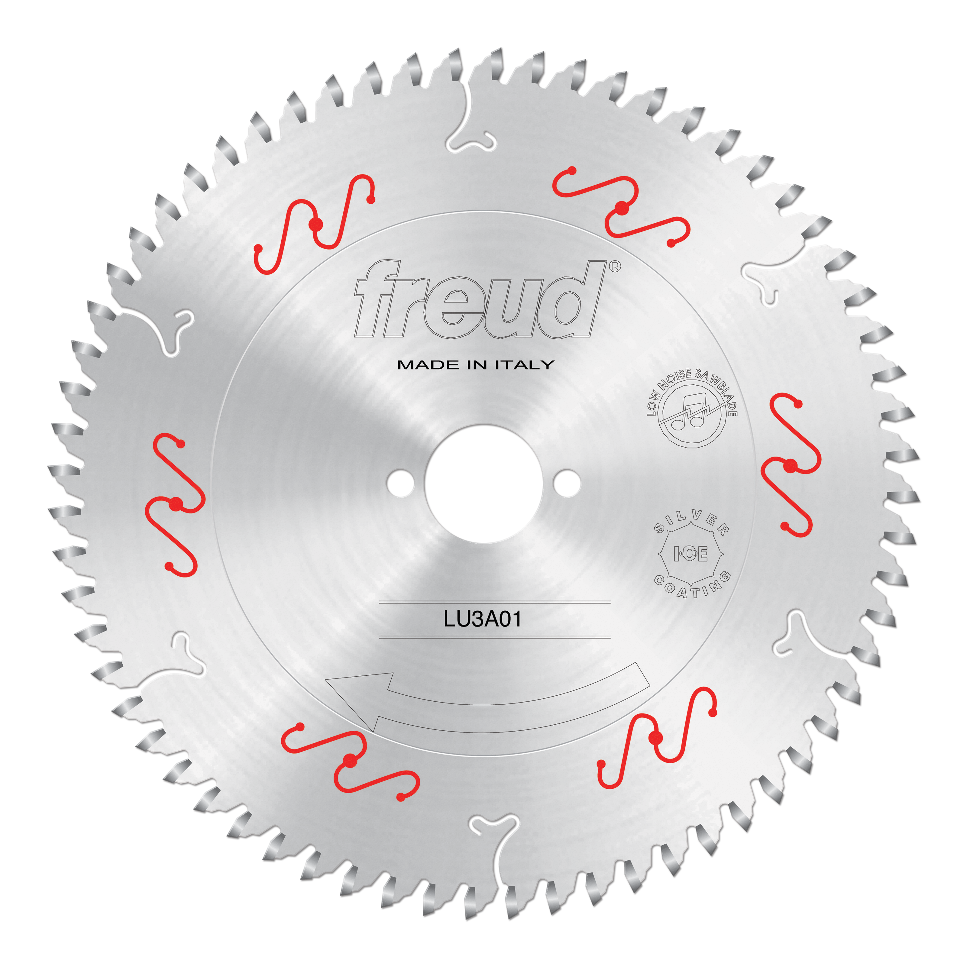 Freud LU3A01 220mm circular saw blade with carbide teeth, center bore, and red wave markings, made in Italy.