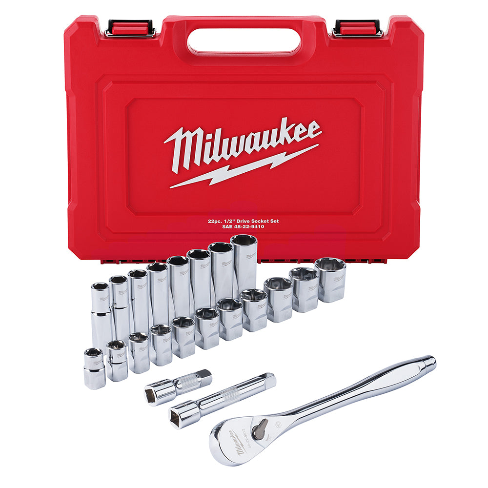 Red Milwaukee case containing 22-piece 1/2 inch SAE socket wrench set with chrome sockets, extensions, and ratchet.