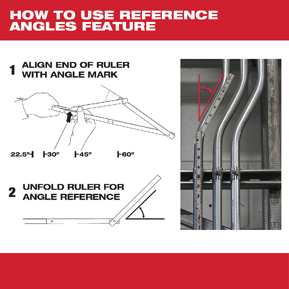 Composite folding rule positioned against curved metal pipes with measurement scale and reference angle marks visible.